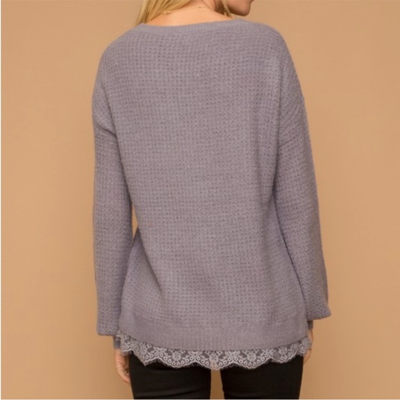 NWT Hem & Thread Waffle Knit Sweater Lace Trim Bottom Beautiful Lilac Color - Picture 3 of 16